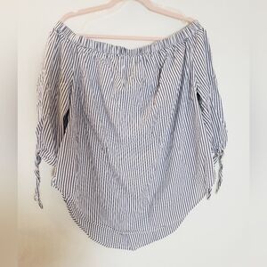 Cotton Nautical Boho Striped Off-Shoulder 1X Blue and White Top 3/4 Tie Sleeves